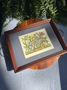 Vintage Pimpernel Floral Serving Tray - Wood Frame with Brass Handles 14 x 9.75"